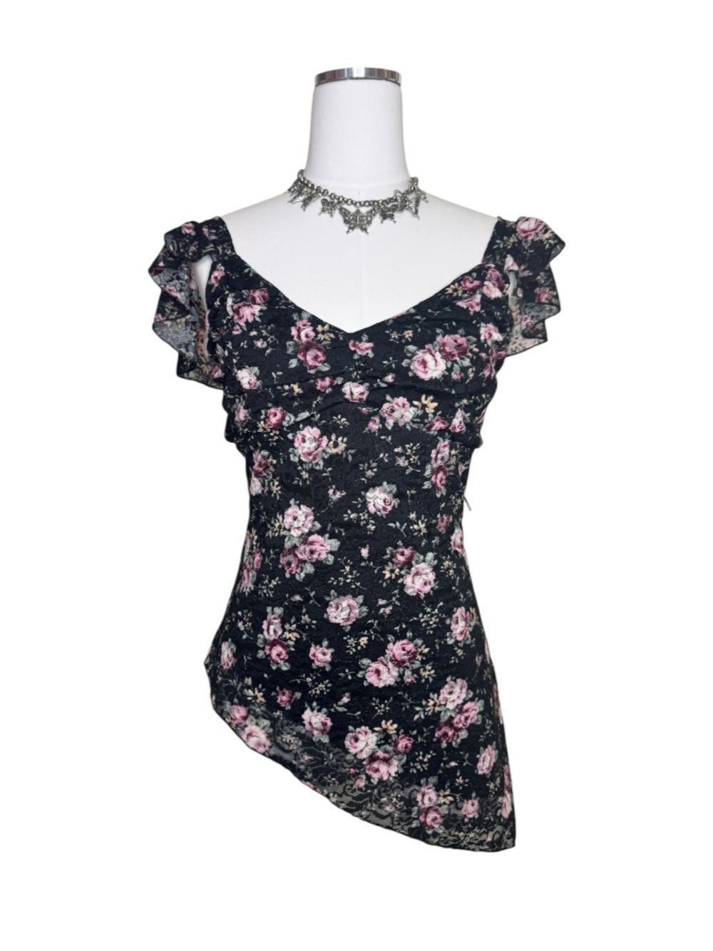 Y2K Black + Pink Floral Lace Asymmetrical Ruffle Sleeve Top Print Size Medium